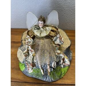 Vintage Fairy Ornament Doll Gold Wings Tapestry Dress Porcelain Style Face
